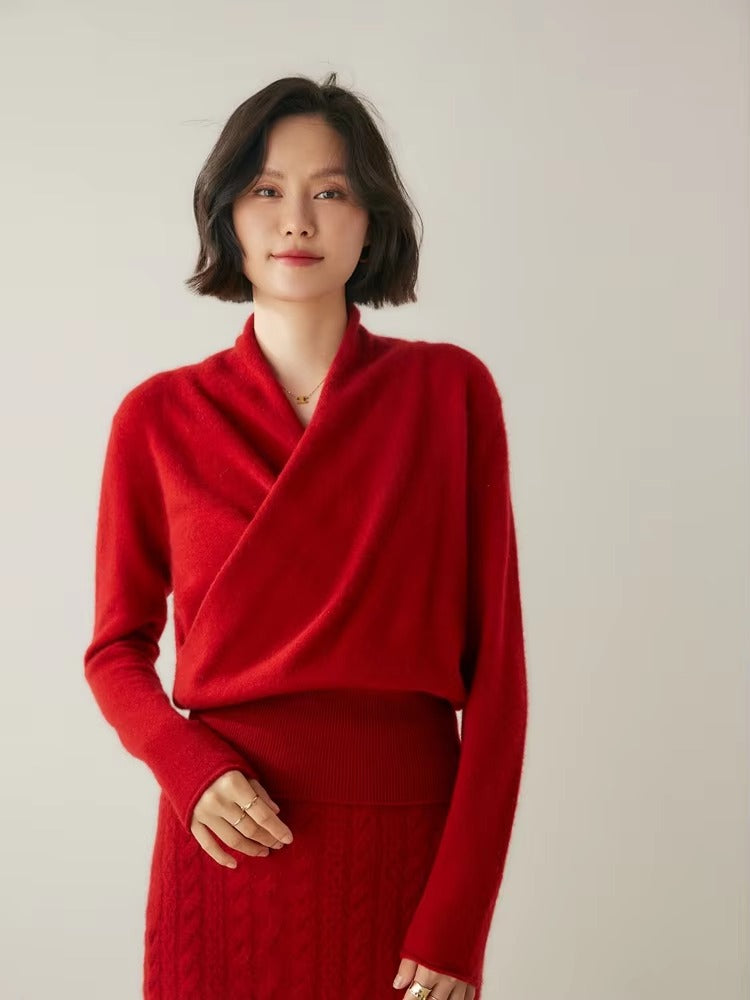 Basic Grace Soft Warm Crossover Collar Pullover Cashmere Sweater