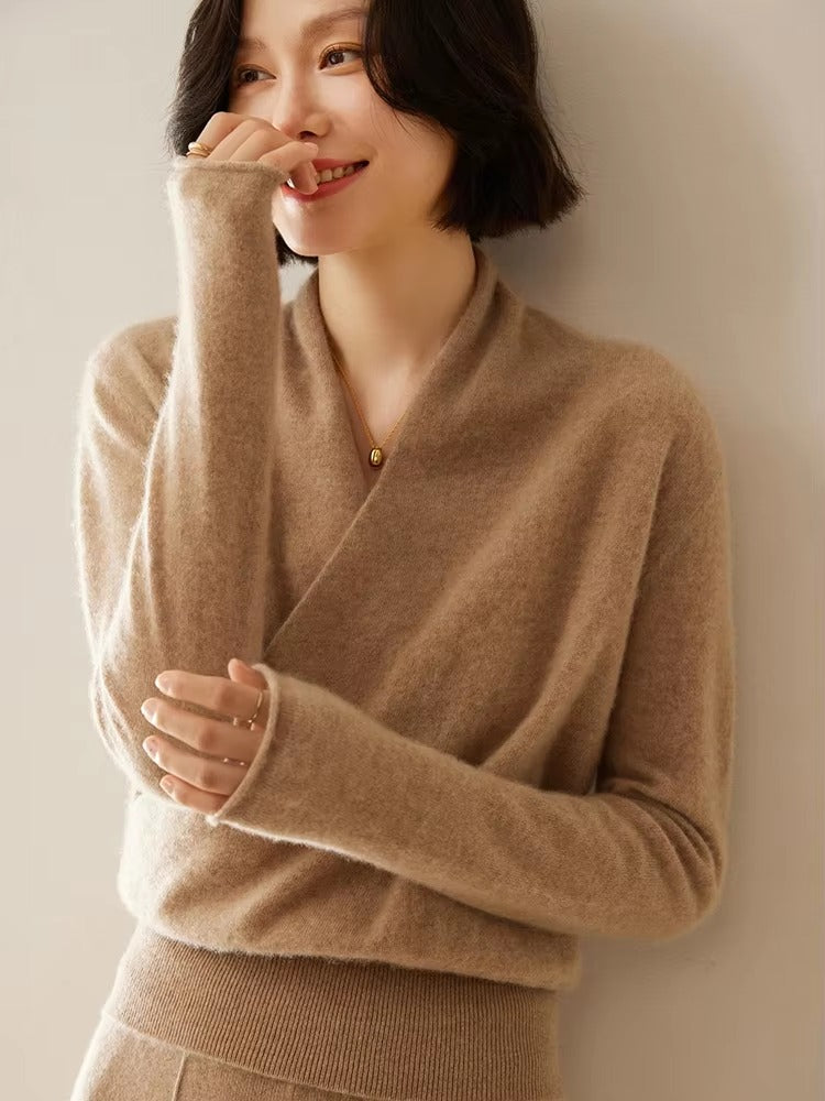 Basic Grace Soft Warm Crossover Collar Pullover Cashmere Sweater