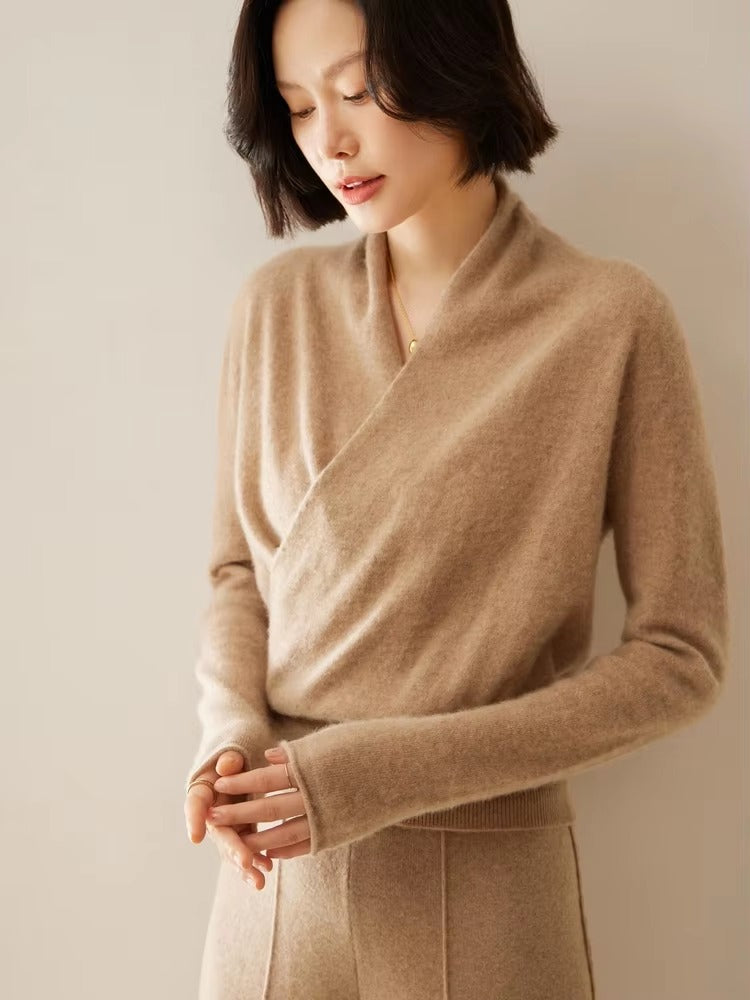 Basic Grace Soft Warm Crossover Collar Pullover Cashmere Sweater