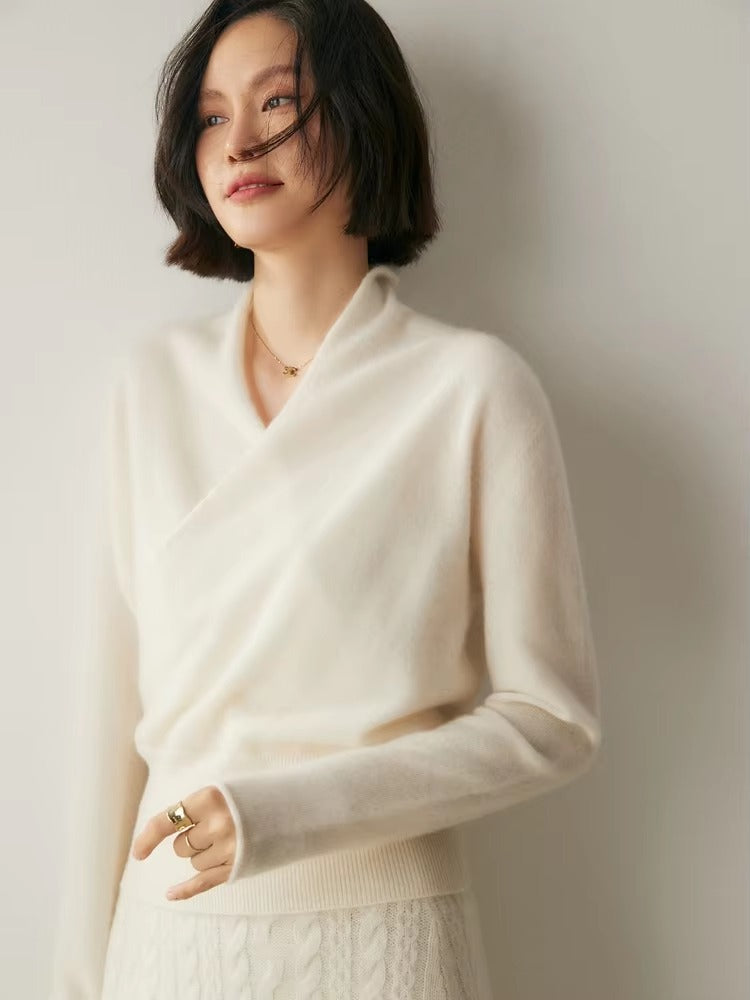 Basic Grace Soft Warm Crossover Collar Pullover Cashmere Sweater