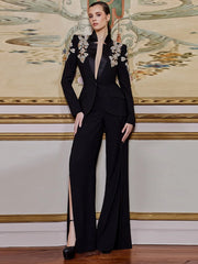 Beaded Diamonds Stand Collar Single Button Blazer Wide-leg Pants Designer Suit
