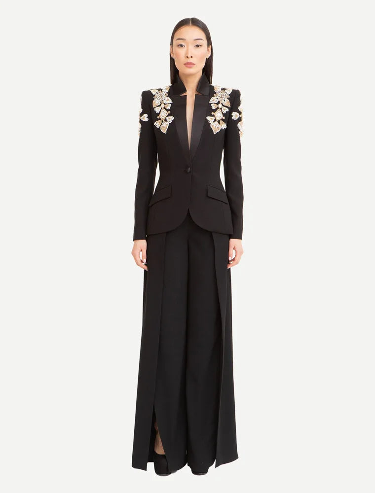 Beaded Diamonds Stand Collar Single Button Blazer Wide-leg Pants Designer Suit