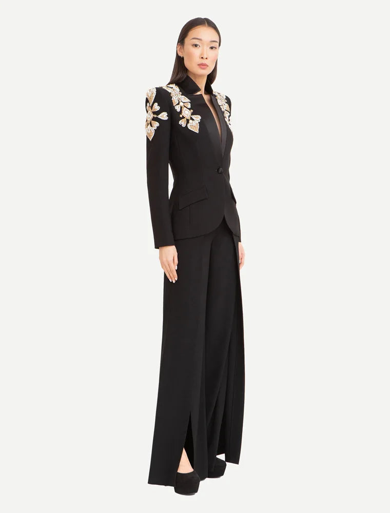 Beaded Diamonds Stand Collar Single Button Blazer Wide-leg Pants Designer Suit