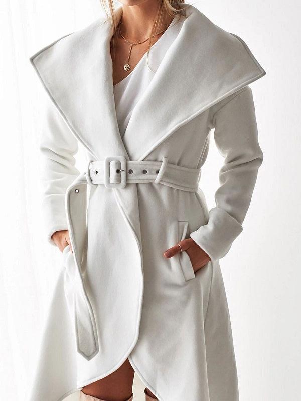 Belted Trench Coat Irregular Trim Wrap Coat