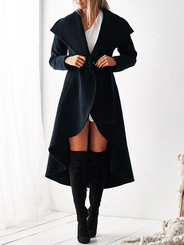 Belted Trench Coat Irregular Trim Wrap Coat