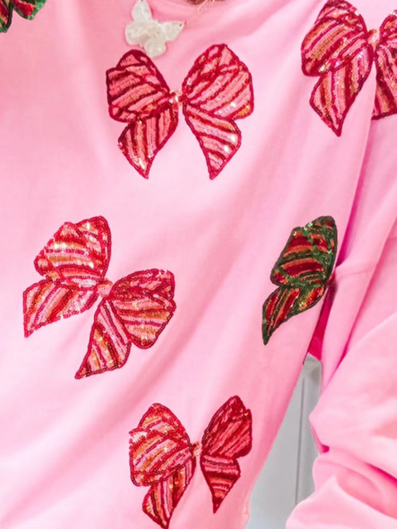 Butterfly Bow Sequin Round Neck Loose Casual Long Sleeved Sweatshirt