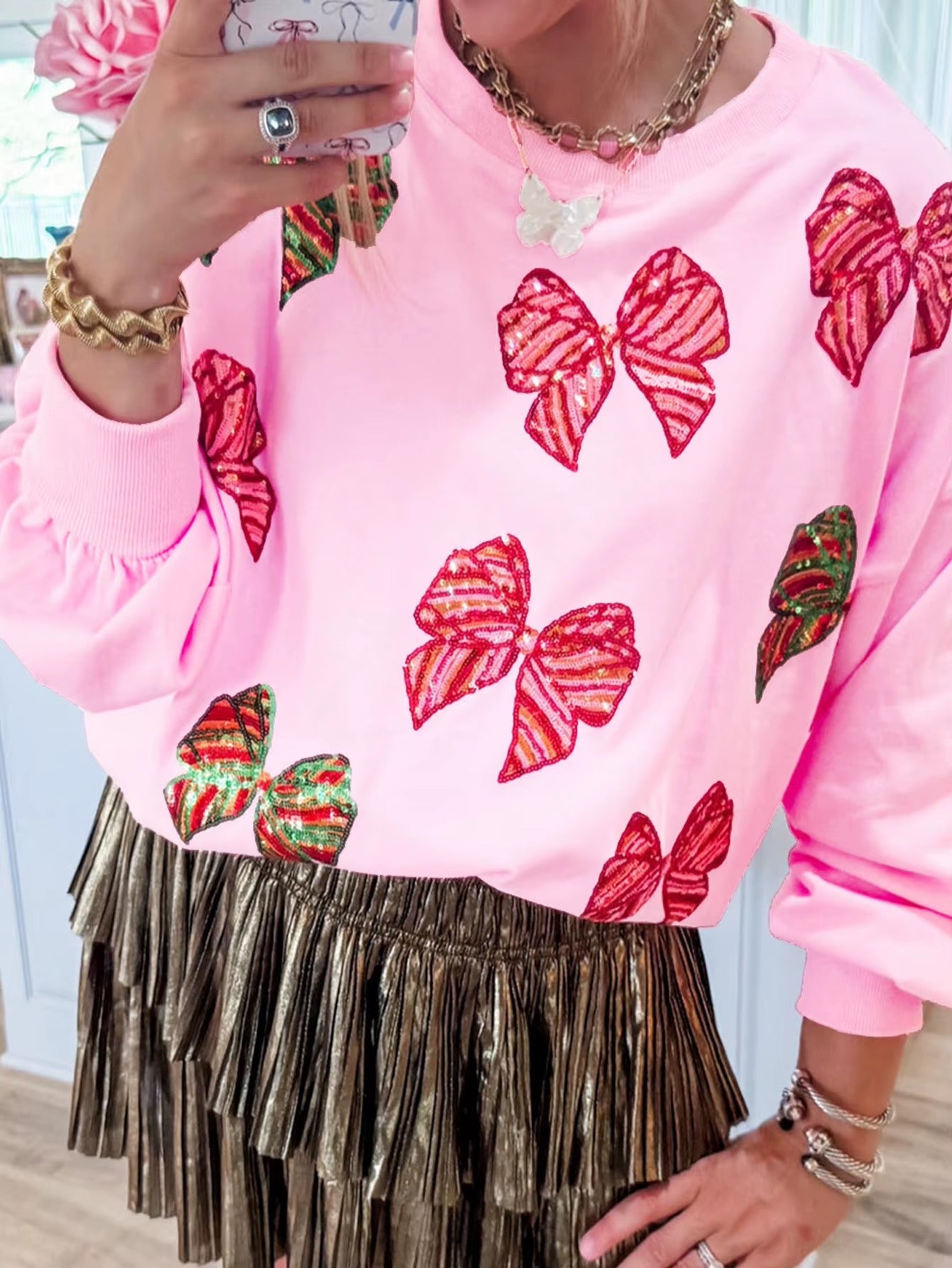 Butterfly Bow Sequin Round Neck Loose Casual Long Sleeved Sweatshirt