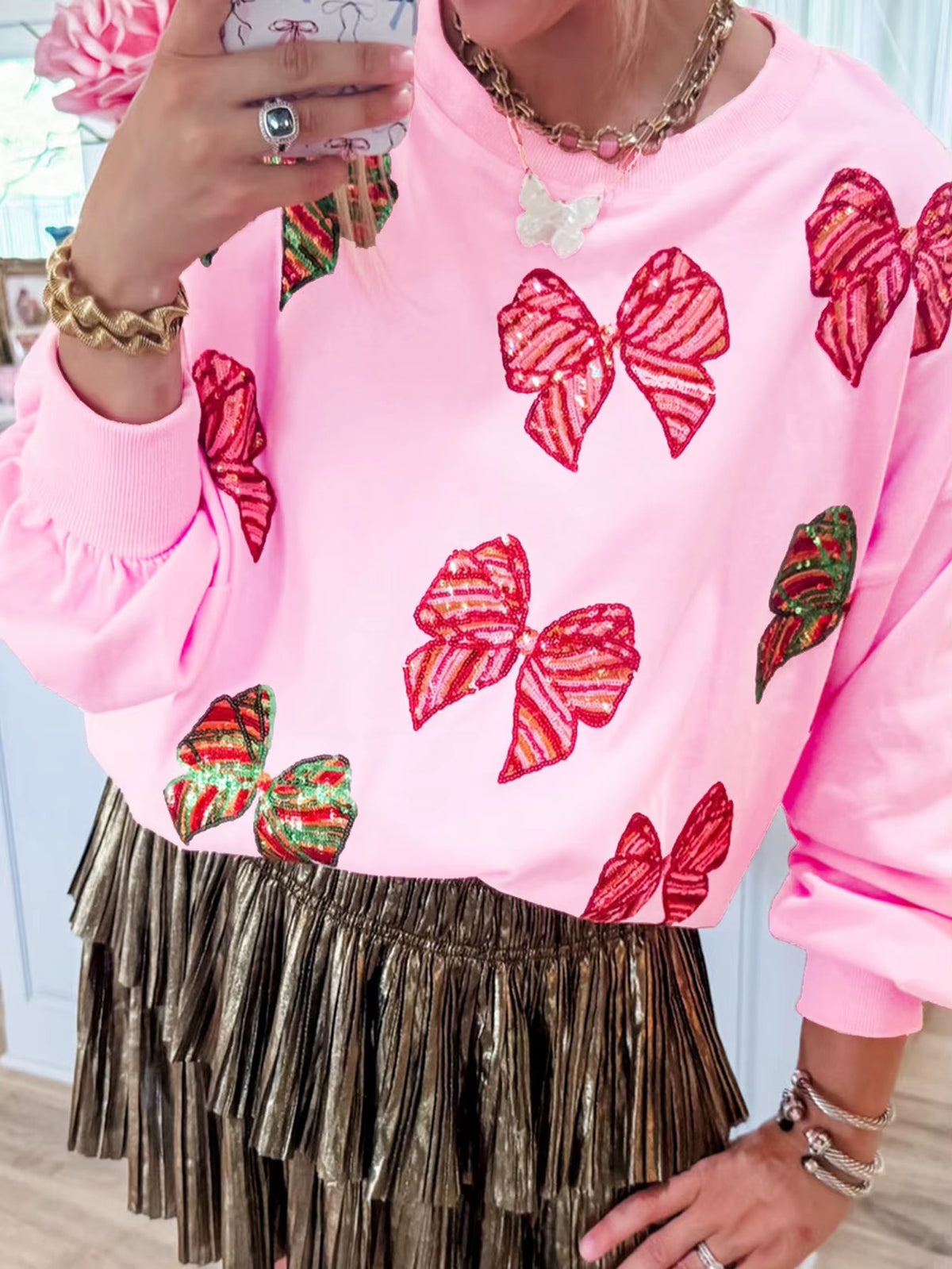 Butterfly Bow Sequin Round Neck Loose Casual Long Sleeved Sweatshirt