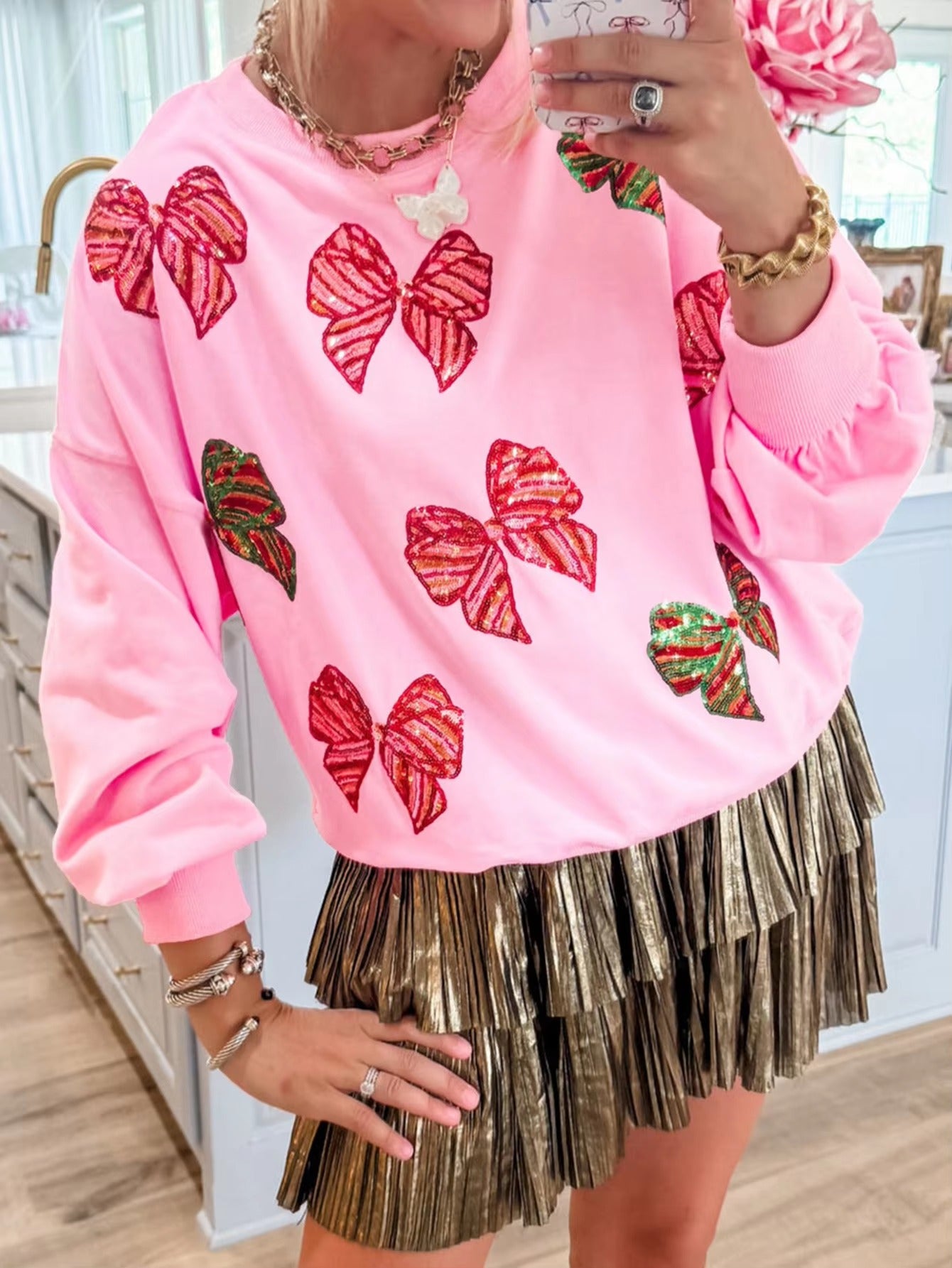 Butterfly Bow Sequin Round Neck Loose Casual Long Sleeved Sweatshirt
