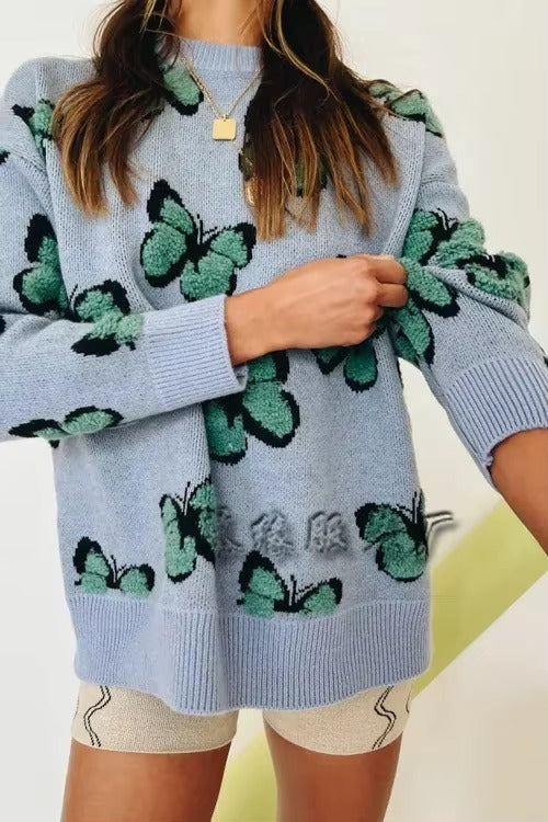 Butterfly Printed Crew Neck Large Size Knitted Pullover Sweater