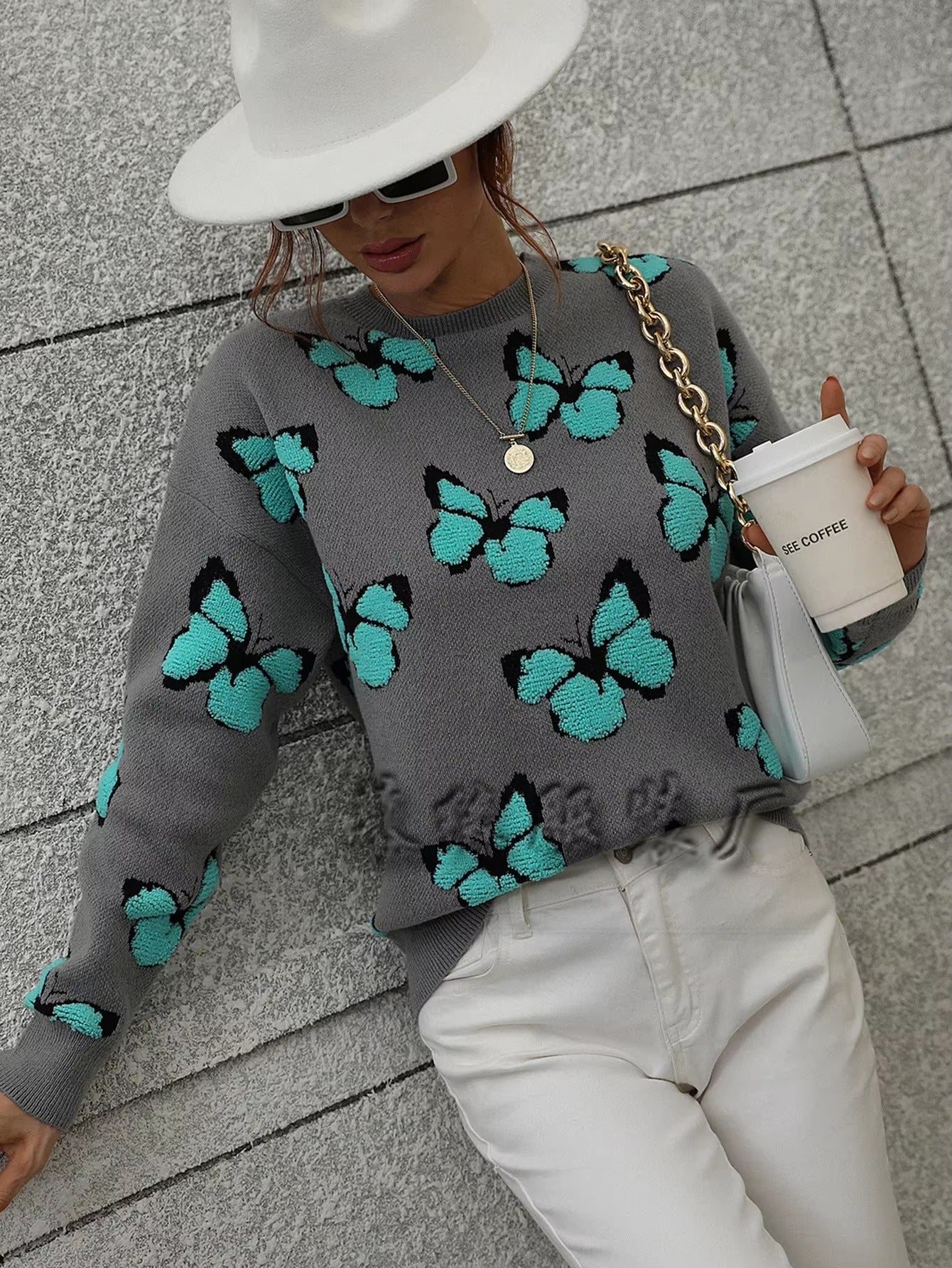 Butterfly Printed Crew Neck Large Size Knitted Pullover Sweater
