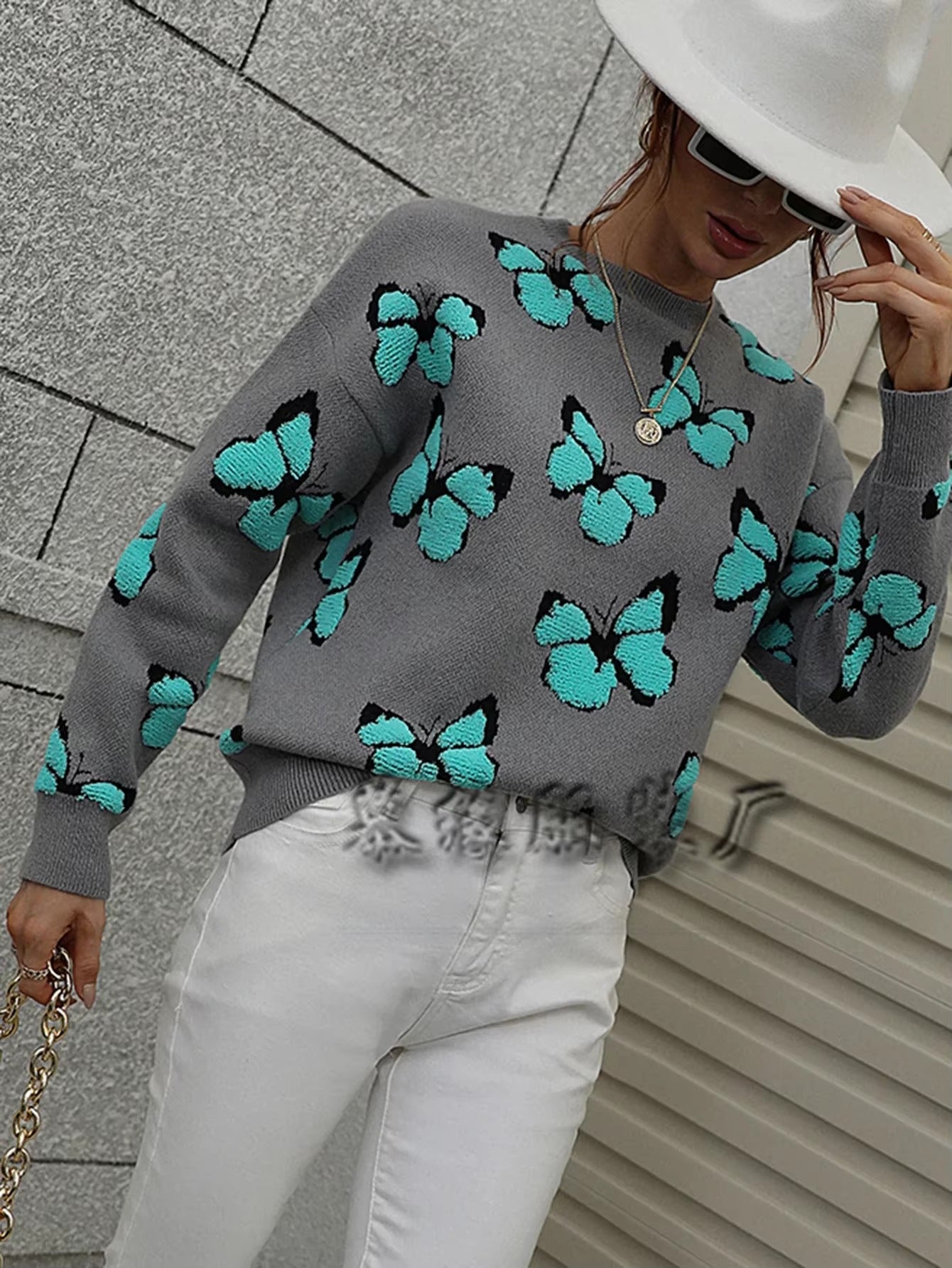 Butterfly Printed Crew Neck Large Size Knitted Pullover Sweater