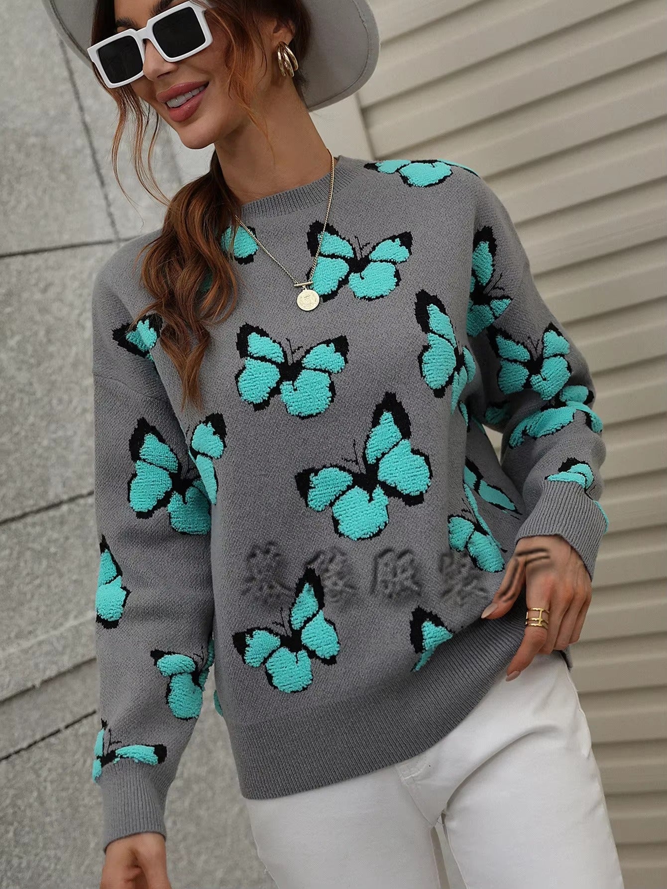 Butterfly Printed Crew Neck Large Size Knitted Pullover Sweater