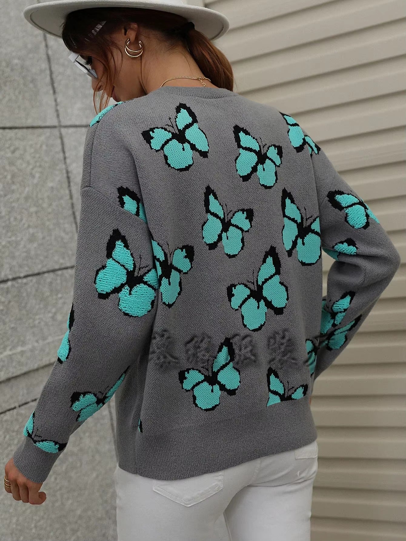 Butterfly Printed Crew Neck Large Size Knitted Pullover Sweater