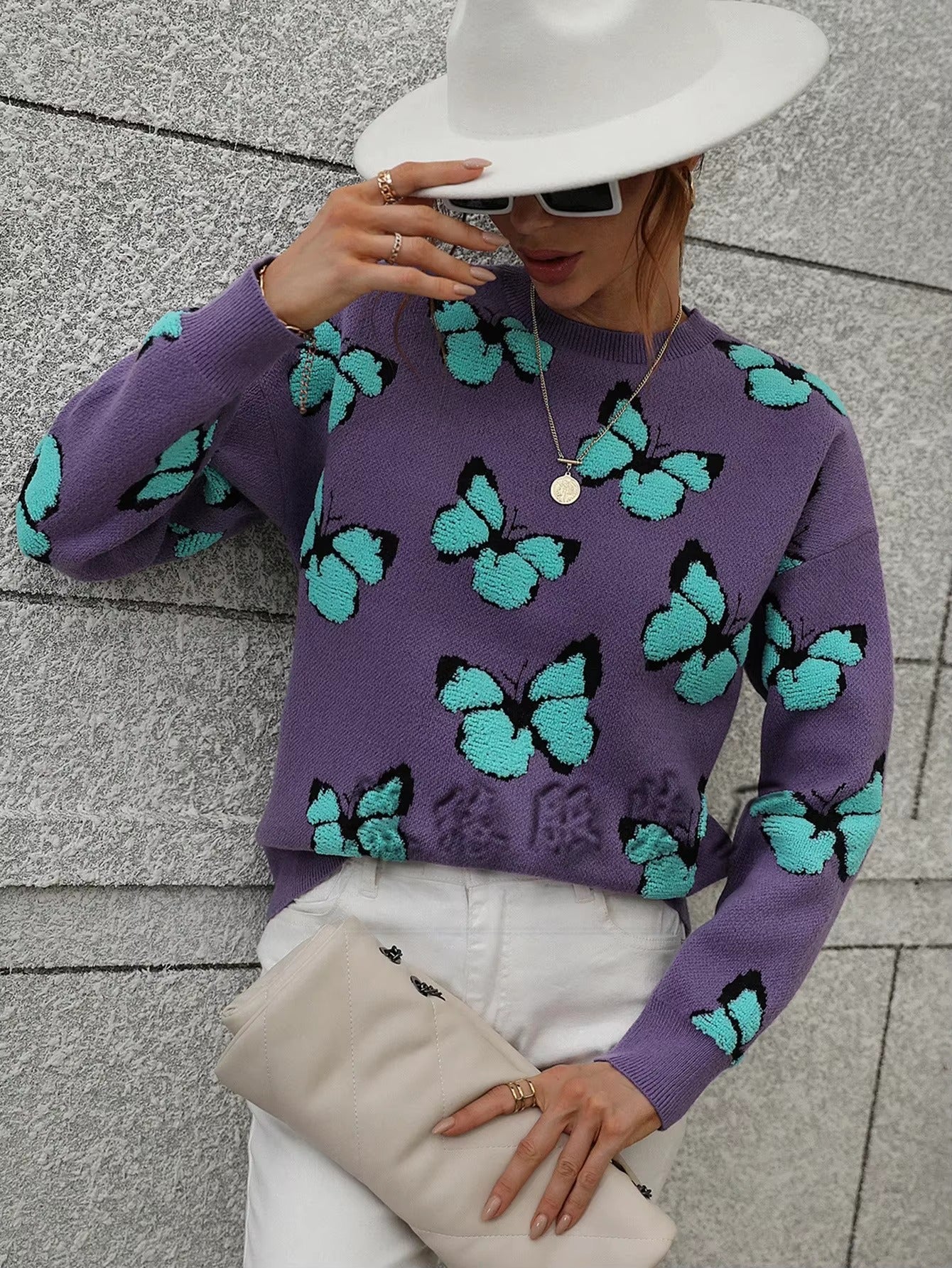 Butterfly Printed Crew Neck Large Size Knitted Pullover Sweater