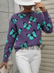 Butterfly Printed Crew Neck Large Size Knitted Pullover Sweater