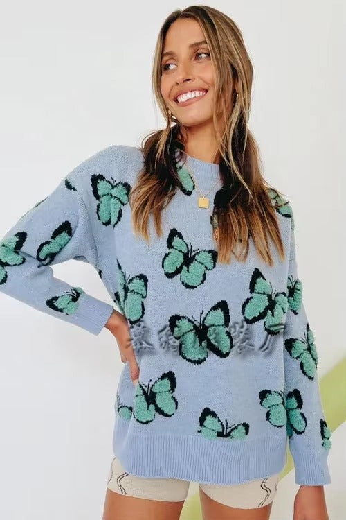 Butterfly Printed Crew Neck Large Size Knitted Pullover Sweater