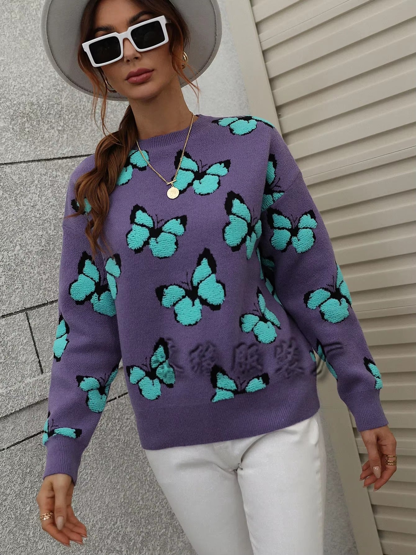 Butterfly Printed Crew Neck Large Size Knitted Pullover Sweater