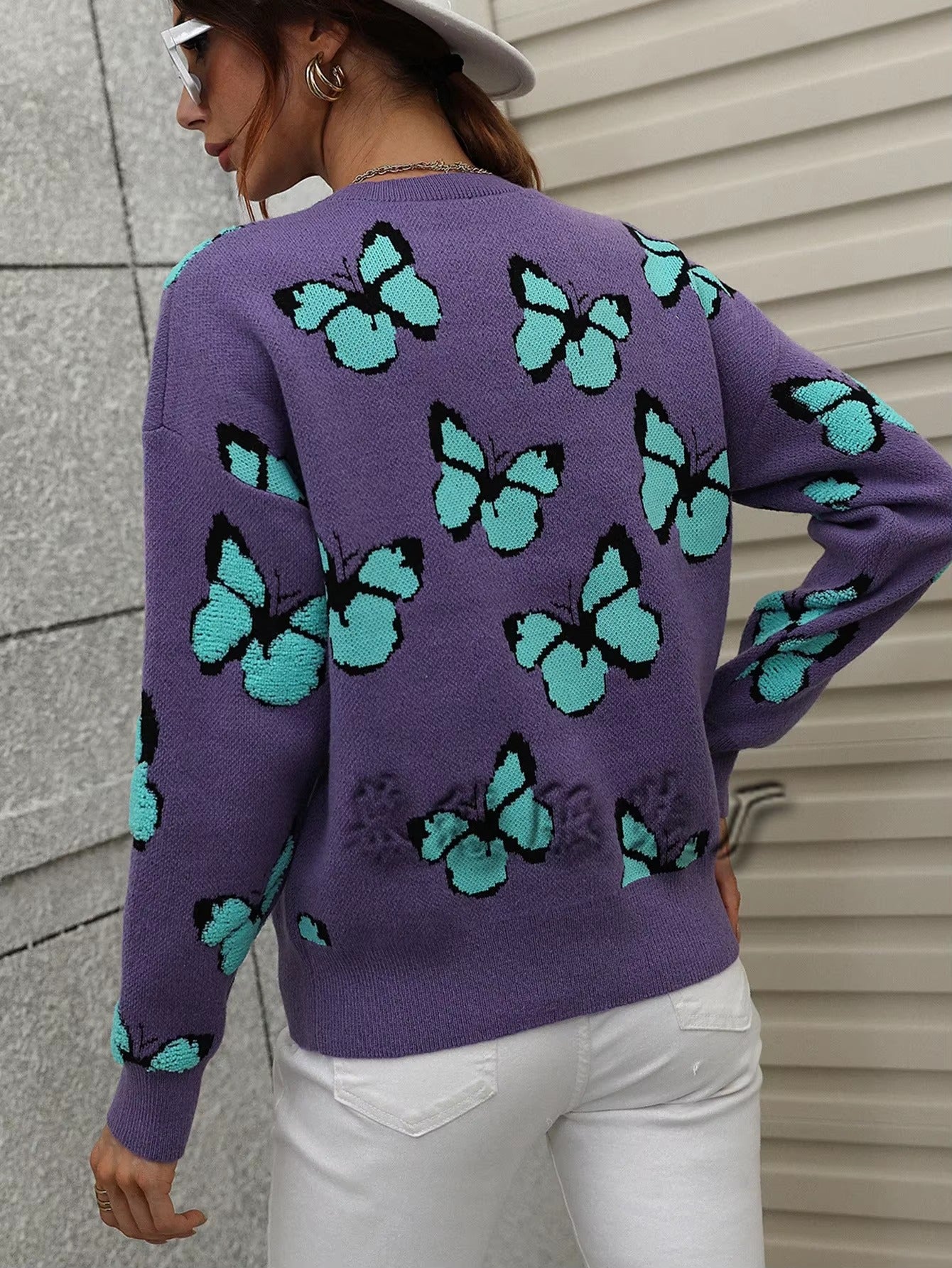 Butterfly Printed Crew Neck Large Size Knitted Pullover Sweater