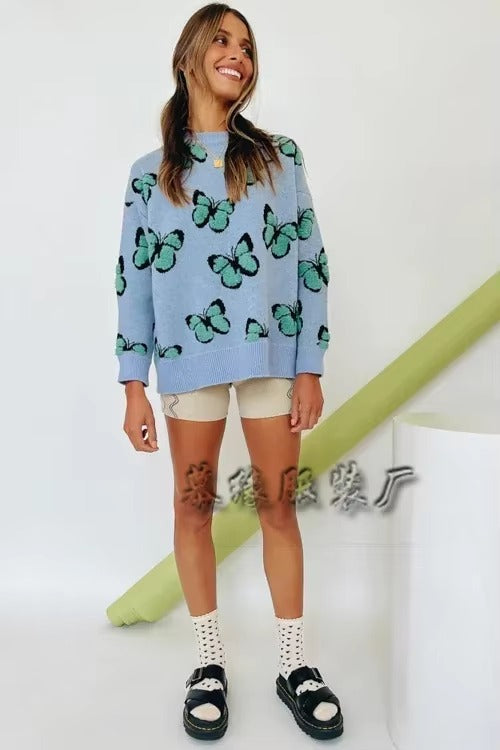 Butterfly Printed Crew Neck Large Size Knitted Pullover Sweater