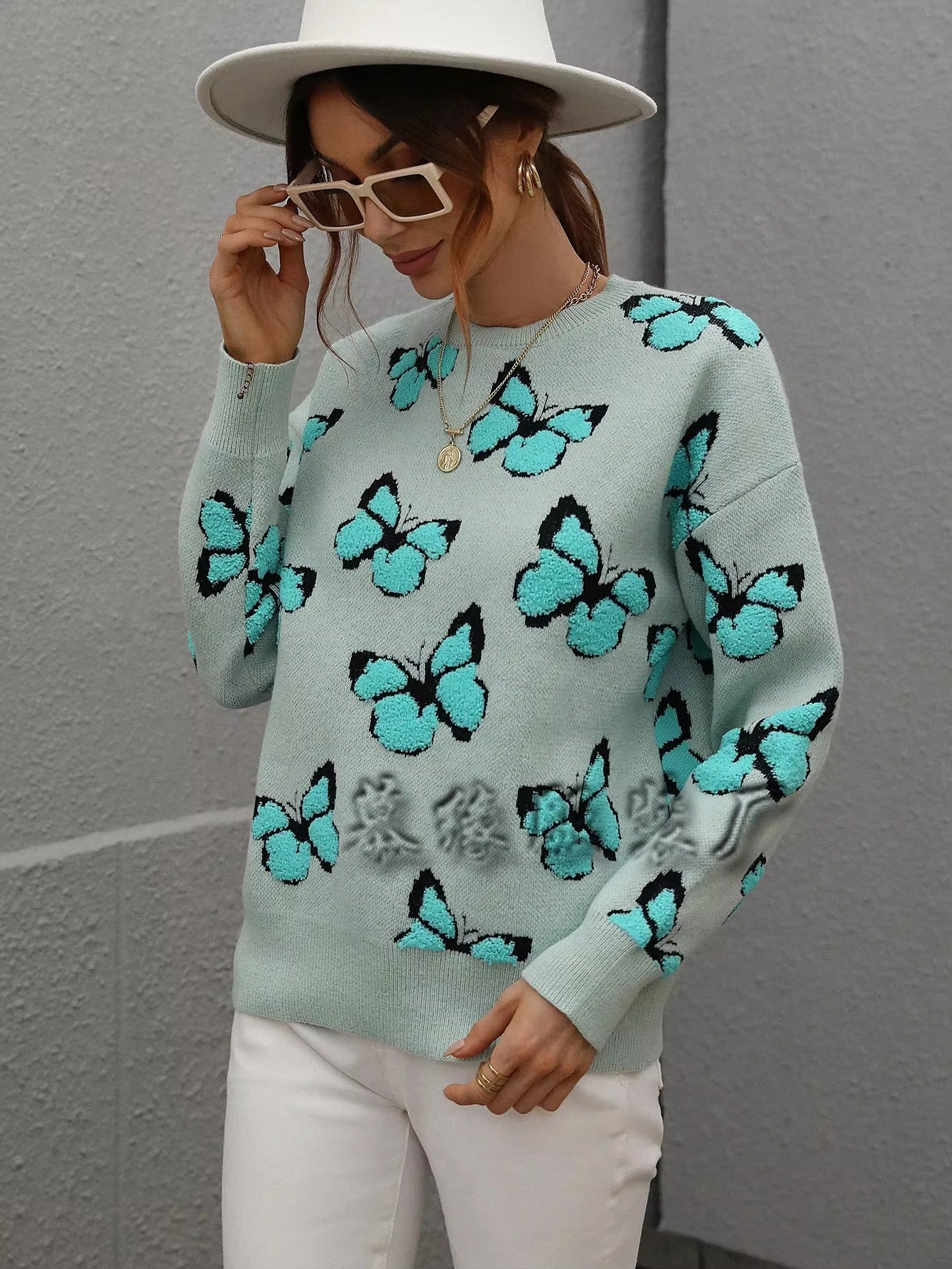 Butterfly Printed Crew Neck Large Size Knitted Pullover Sweater