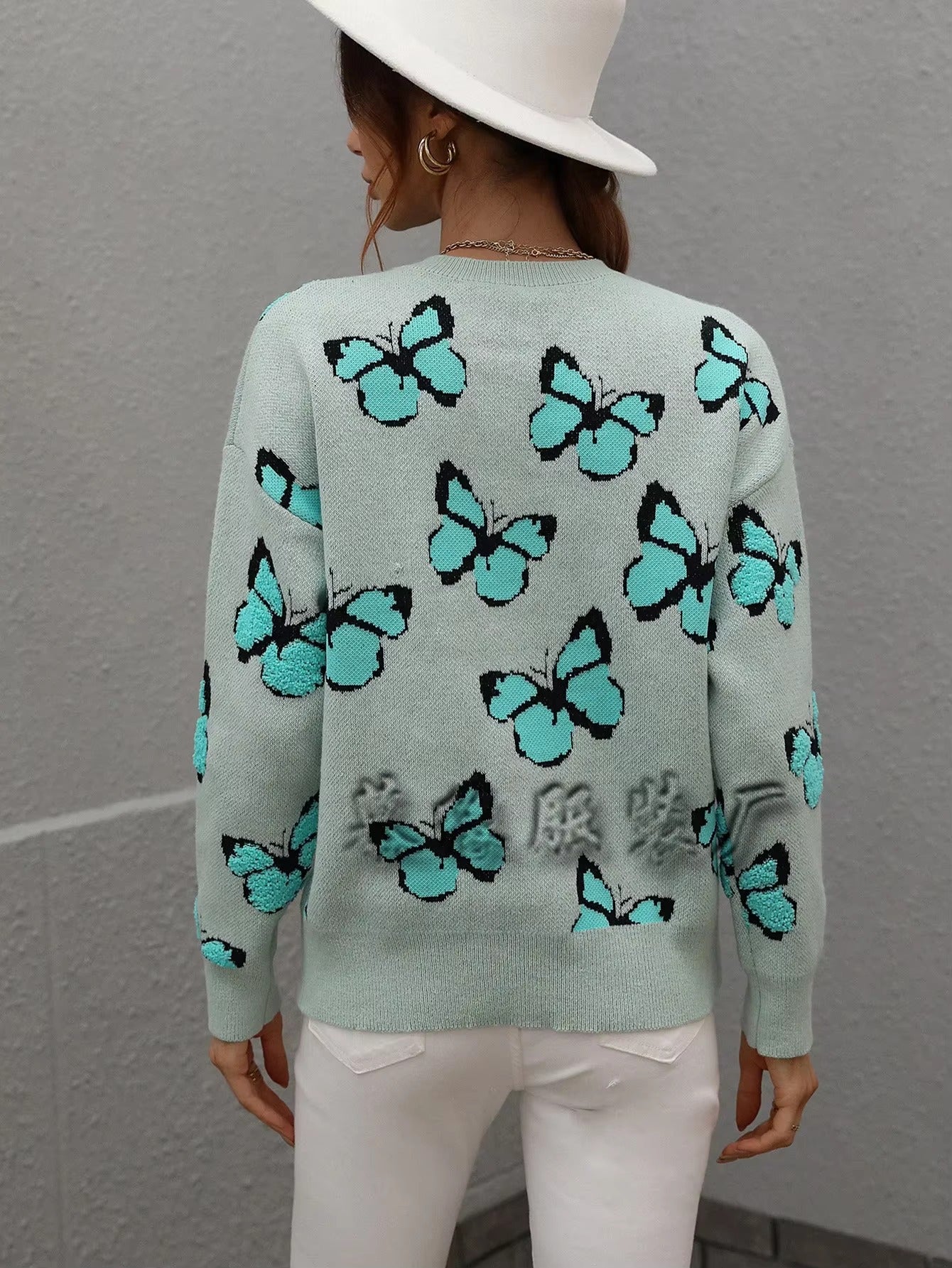 Butterfly Printed Crew Neck Large Size Knitted Pullover Sweater