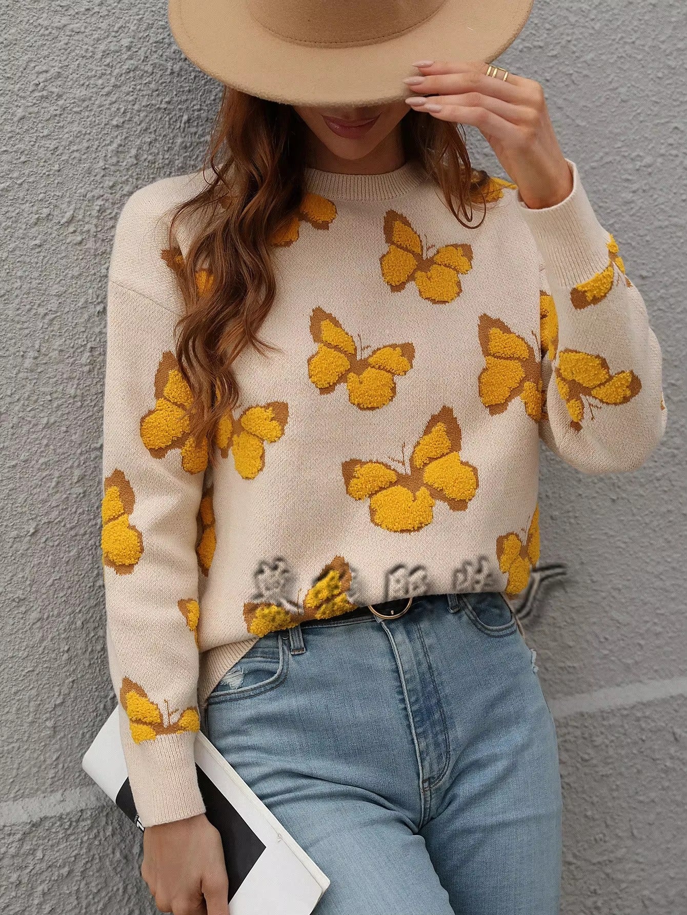 Butterfly Printed Crew Neck Large Size Knitted Pullover Sweater