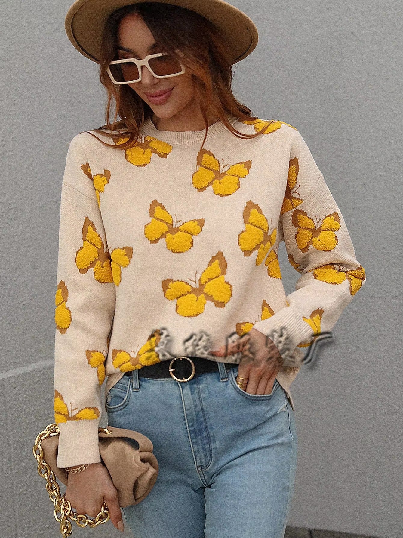 Butterfly Printed Crew Neck Large Size Knitted Pullover Sweater