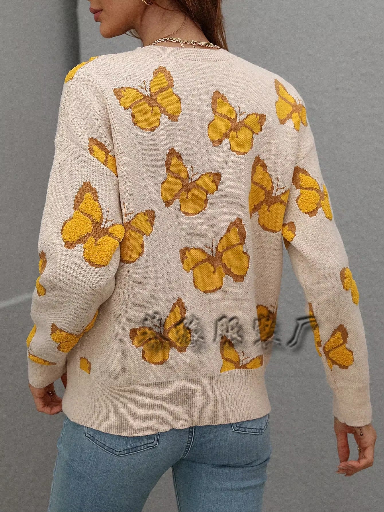 Butterfly Printed Crew Neck Large Size Knitted Pullover Sweater