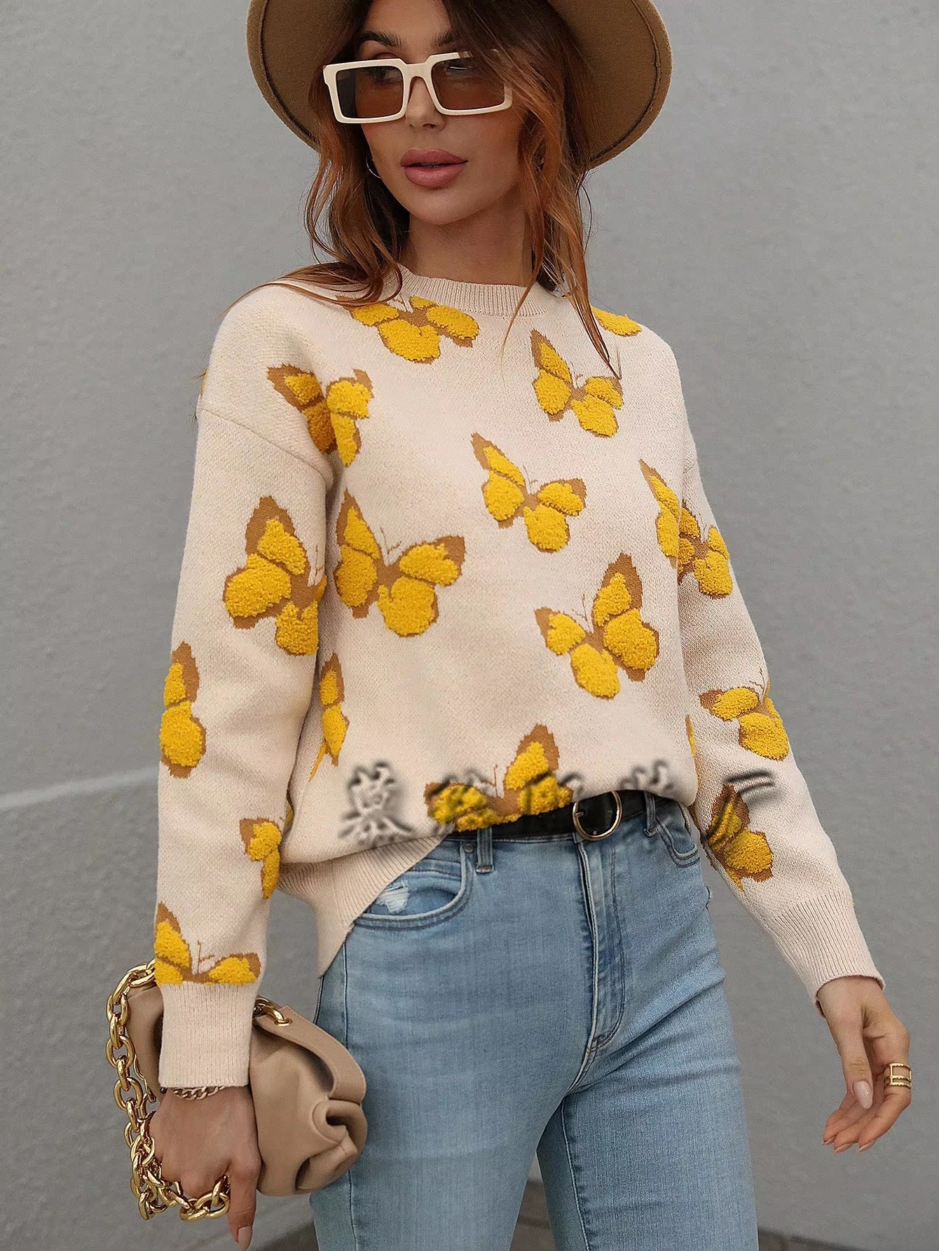 Butterfly Printed Crew Neck Large Size Knitted Pullover Sweater