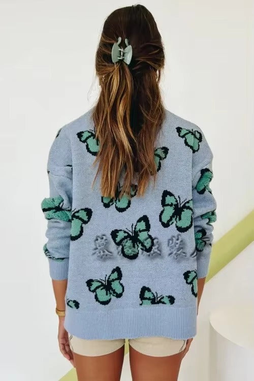 Butterfly Printed Crew Neck Large Size Knitted Pullover Sweater