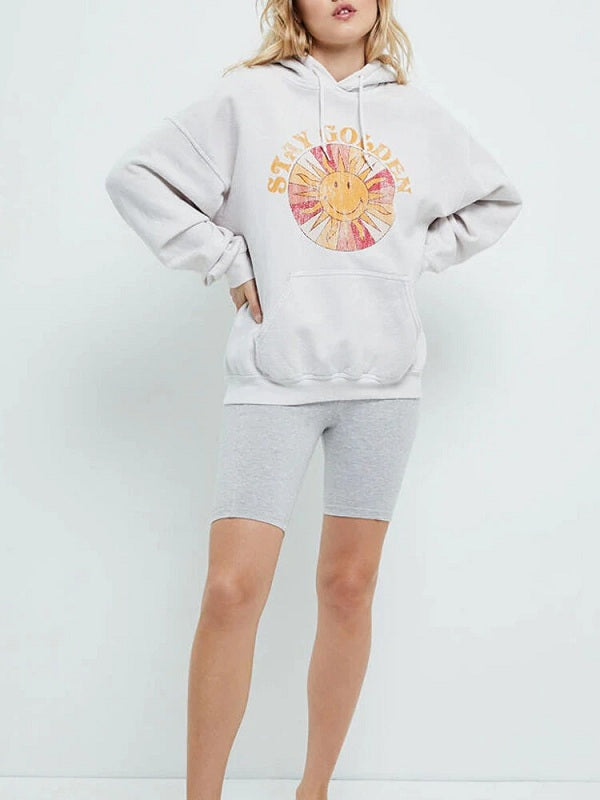 Cartoon Sun Graphic Print Drawstring Pullover Hoodie