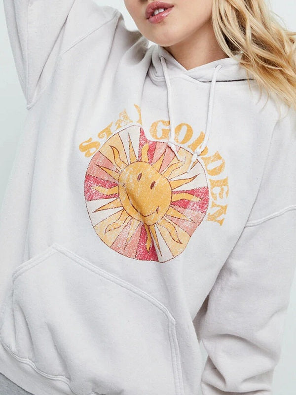 Cartoon Sun Graphic Print Drawstring Pullover Hoodie
