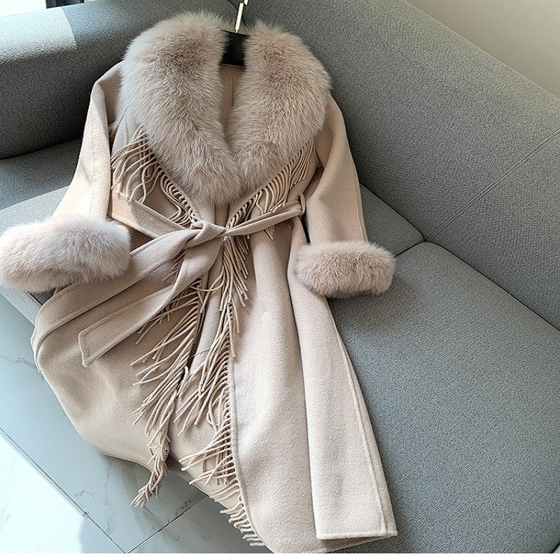 Cashmere Blend Fashion embroidered Tassel Overcoat