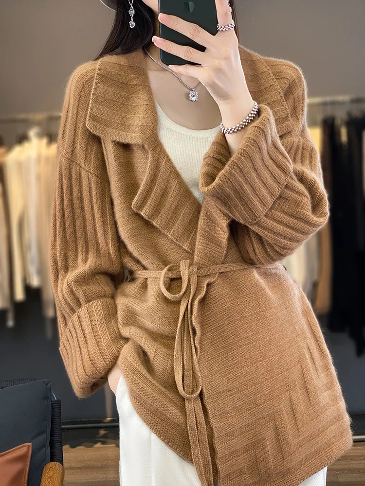 Cashmere Knitwear Coat Wool Thick Warm Turn-down Collar Loose Sweater