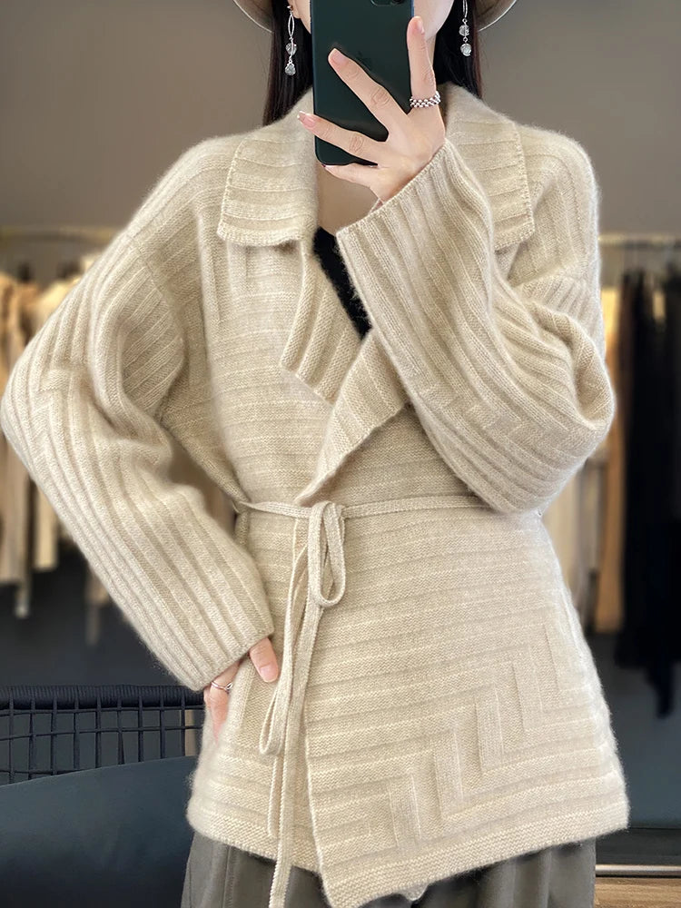 Cashmere Knitwear Coat Wool Thick Warm Turn-down Collar Loose Sweater