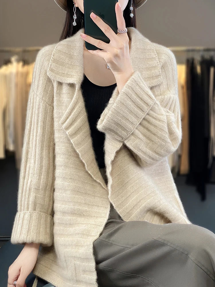 Cashmere Knitwear Coat Wool Thick Warm Turn-down Collar Loose Sweater