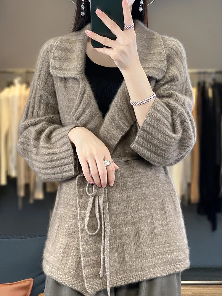 Cashmere Knitwear Coat Wool Thick Warm Turn-down Collar Loose Sweater
