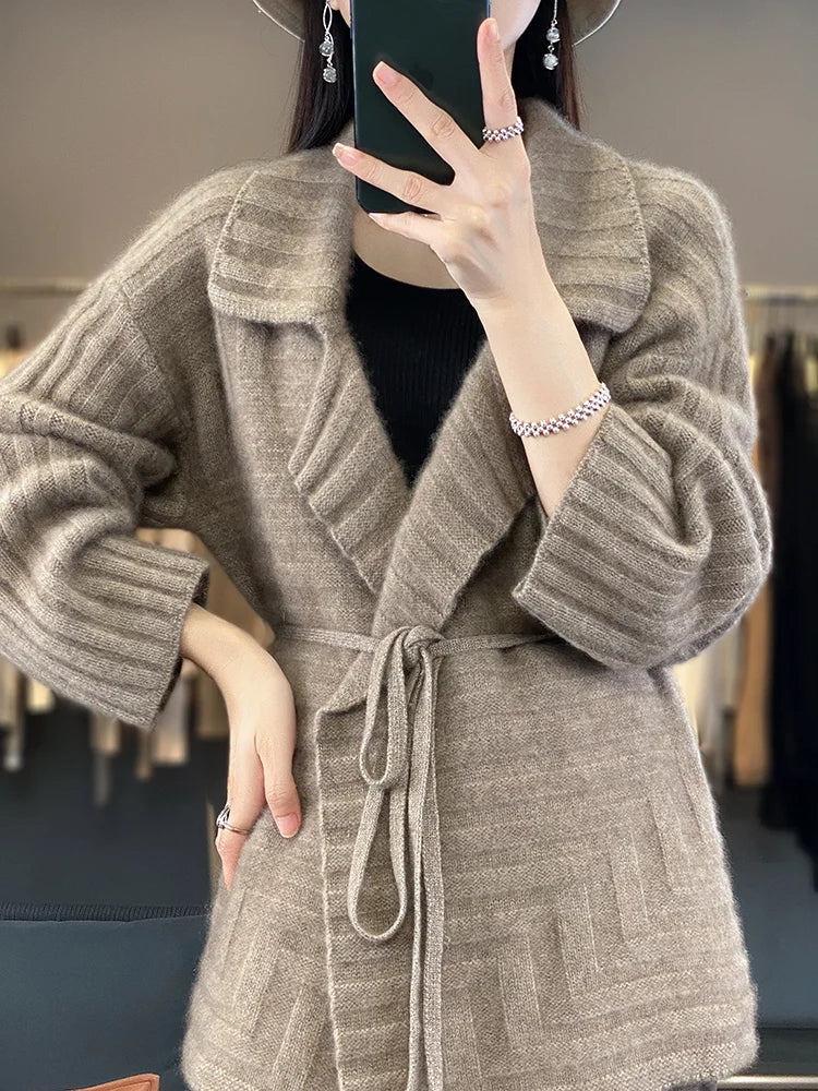 Cashmere Knitwear Coat Wool Thick Warm Turn-down Collar Loose Sweater