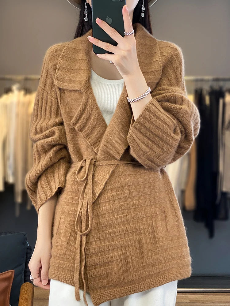 Cashmere Knitwear Coat Wool Thick Warm Turn-down Collar Loose Sweater