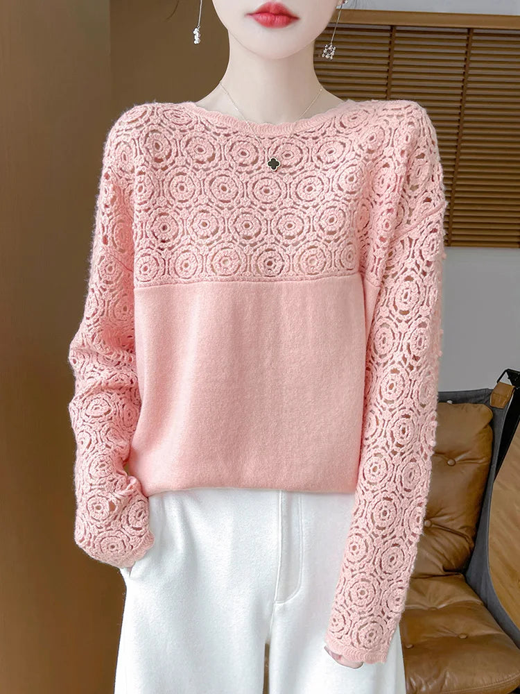 Cashmere O-Neck Pullover Long Sleeve Knitted Top Hollowed Out Jacquard Outerwear Sweater