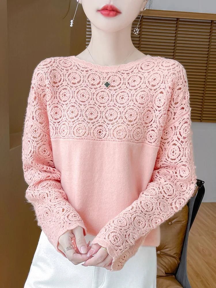Cashmere O-Neck Pullover Long Sleeve Knitted Top Hollowed Out Jacquard Outerwear Sweater