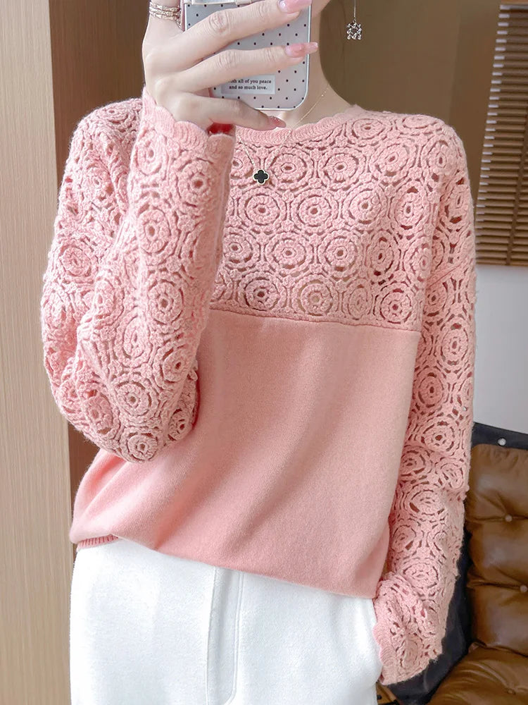 Cashmere O-Neck Pullover Long Sleeve Knitted Top Hollowed Out Jacquard Outerwear Sweater
