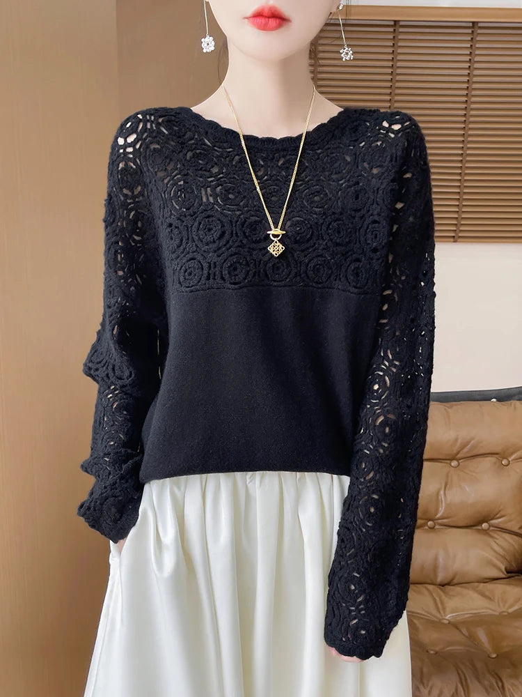 Cashmere O-Neck Pullover Long Sleeve Knitted Top Hollowed Out Jacquard Outerwear Sweater