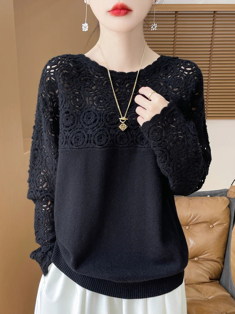 Cashmere O-Neck Pullover Long Sleeve Knitted Top Hollowed Out Jacquard Outerwear Sweater