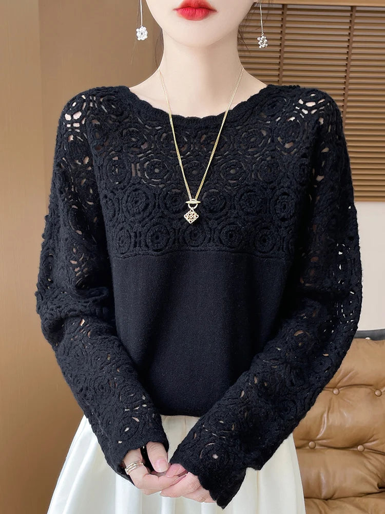 Cashmere O-Neck Pullover Long Sleeve Knitted Top Hollowed Out Jacquard Outerwear Sweater