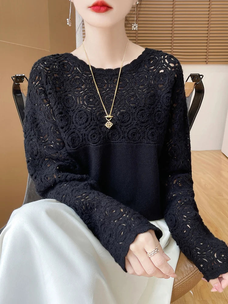 Cashmere O-Neck Pullover Long Sleeve Knitted Top Hollowed Out Jacquard Outerwear Sweater