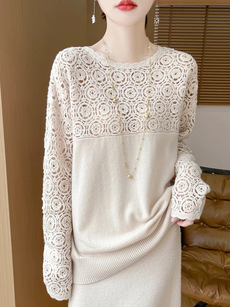 Cashmere O-Neck Pullover Long Sleeve Knitted Top Hollowed Out Jacquard Outerwear Sweater
