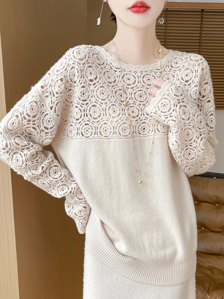 Cashmere O-Neck Pullover Long Sleeve Knitted Top Hollowed Out Jacquard Outerwear Sweater