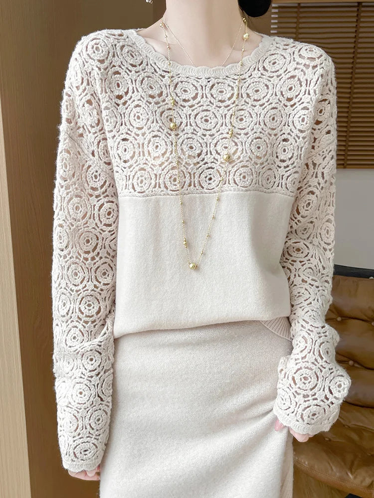 Cashmere O-Neck Pullover Long Sleeve Knitted Top Hollowed Out Jacquard Outerwear Sweater